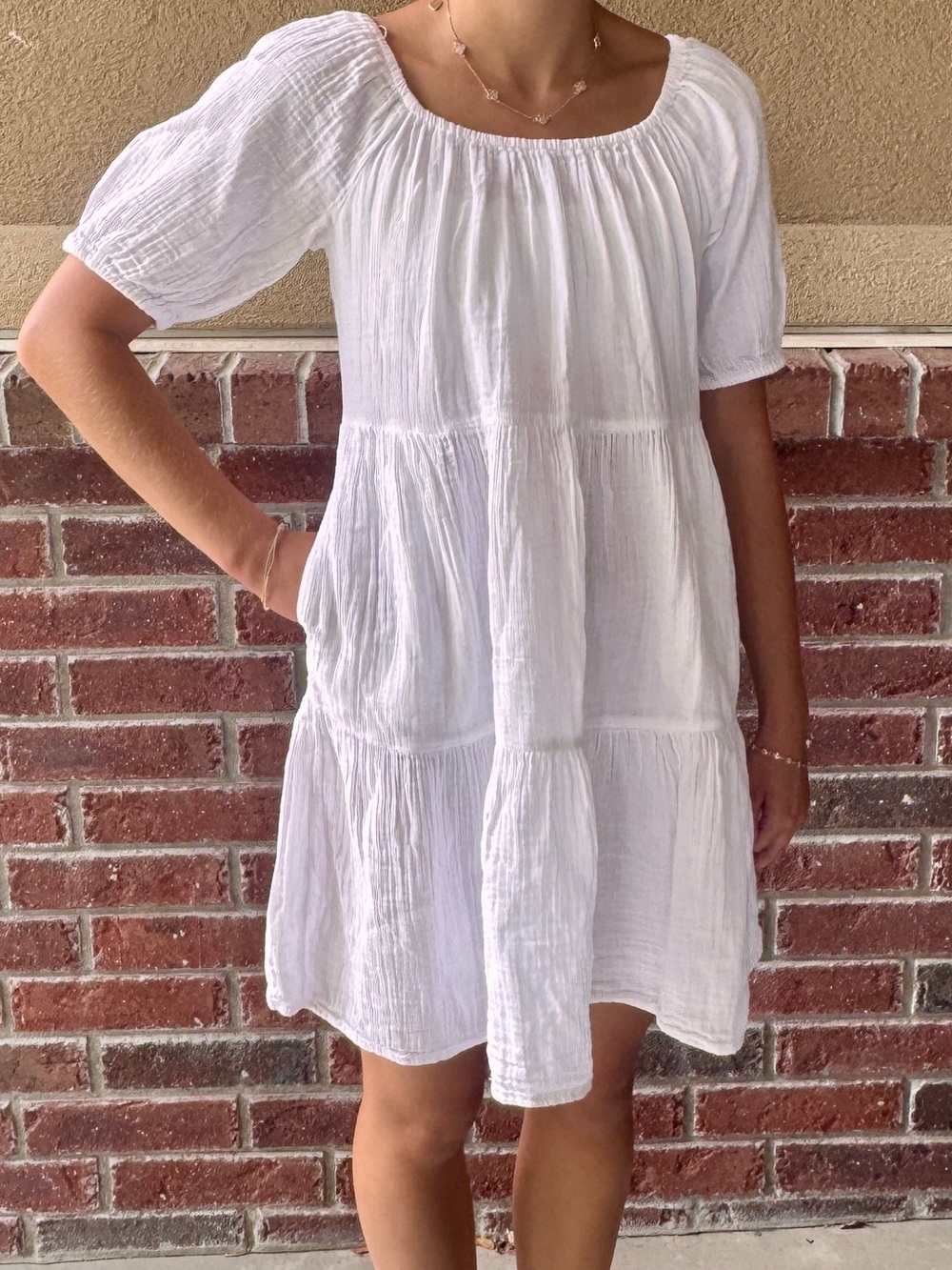 White Tiered Gauze Short-Sleeve Sundress